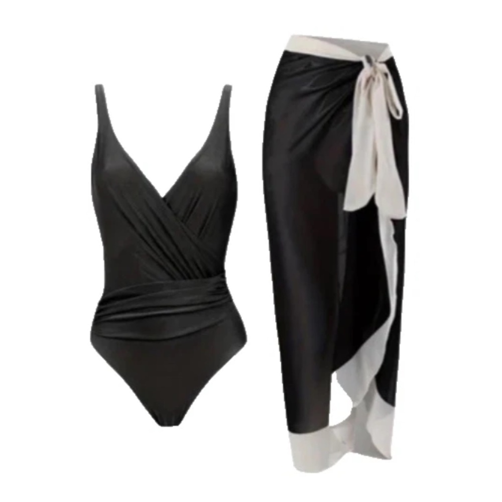 Swimsuit Black One Piece w/ Cover Up Beach Skirt Sarong Two Piece Set New